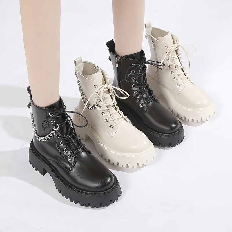 Metal Chain Chunky Platform Ankle Boots for Women 2023 Autumn Lace Up Thick Heeled Short Botas Woman Plus Size Motorcycle Shoes