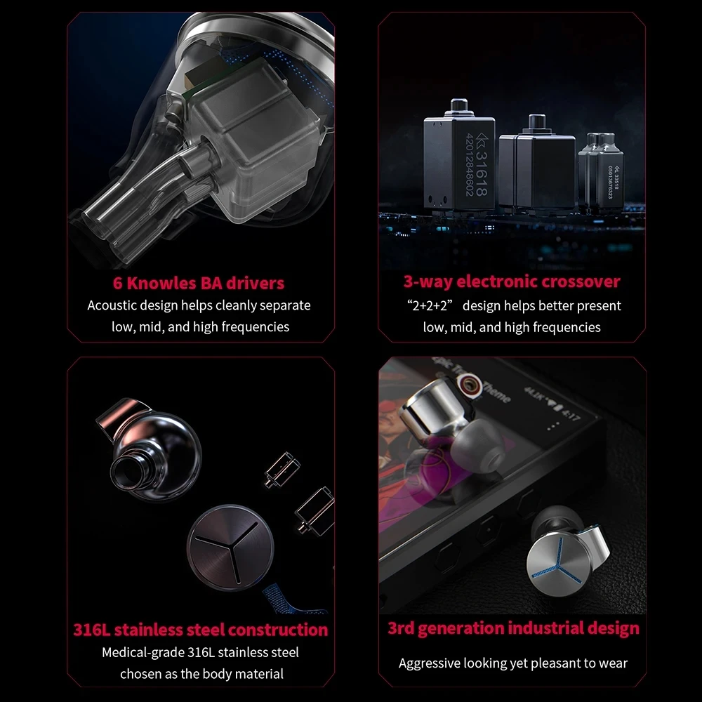 FiiO 드라이버 인이어 모니터 이어폰, IEM Knowles 밸런스드 아마추어, 3-Waycrossover 시스템 헤드셋, MMCX 분리형 케이블, FA7s 6BA