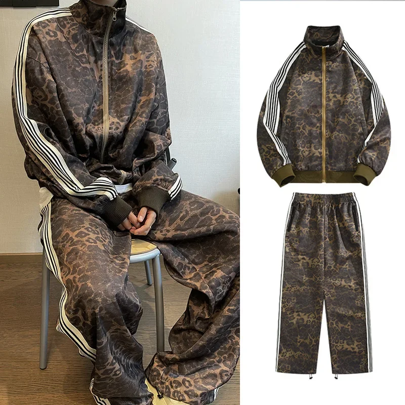 Vintage Leopard Print Men Sports Suit Jacket Sweatpants Hip Hop Style Digital Printing Striped Vest