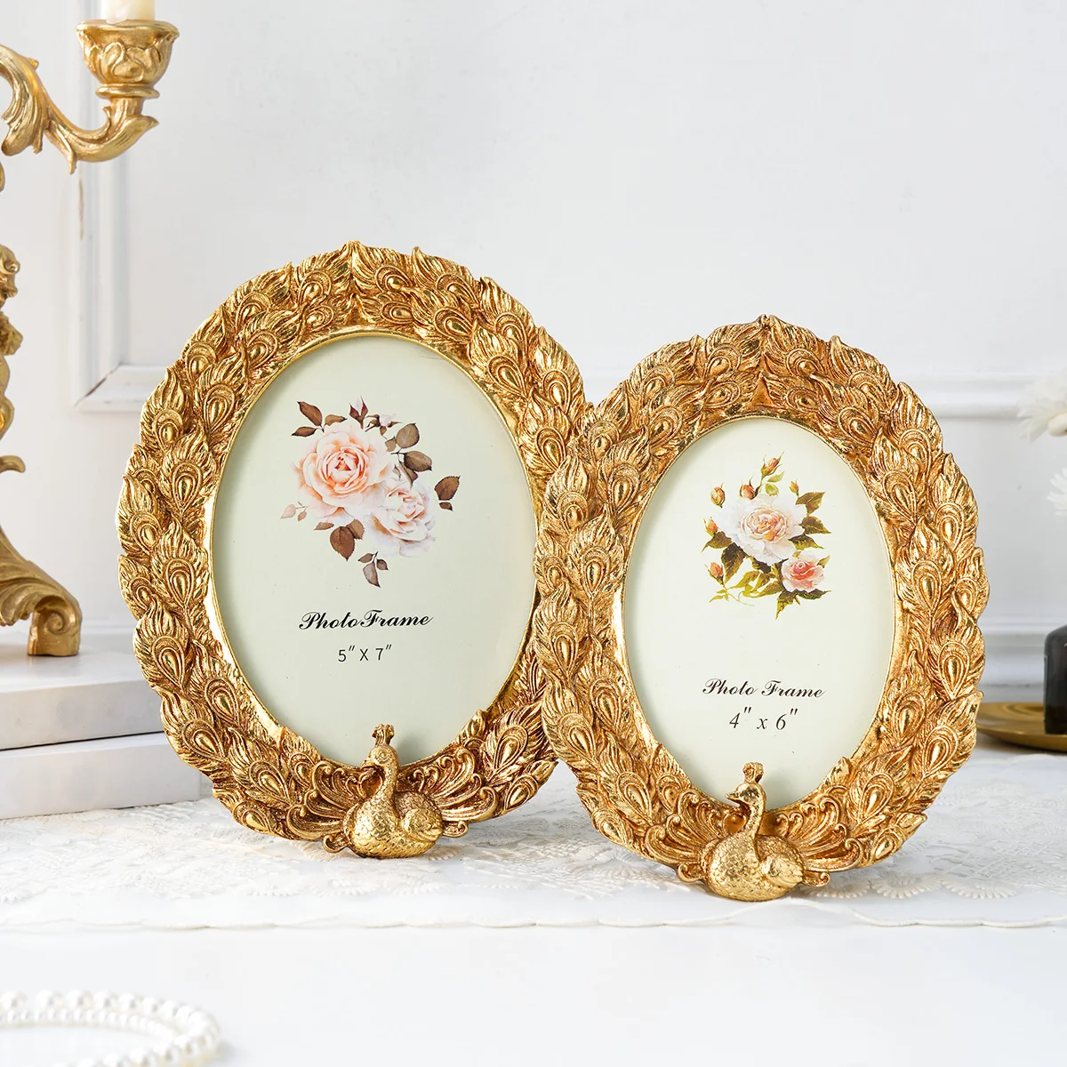 1PC, creative retro peacock photo frame display stand, golden carved home decoration frame, resin craft gift
