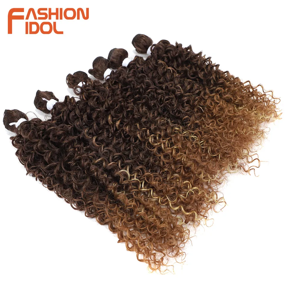 Afro Kinky Curly Hair Extensions 6PCS 14-18 inch Synthetic Hair Bundles Weave Ombre Brown Fake hair extensions