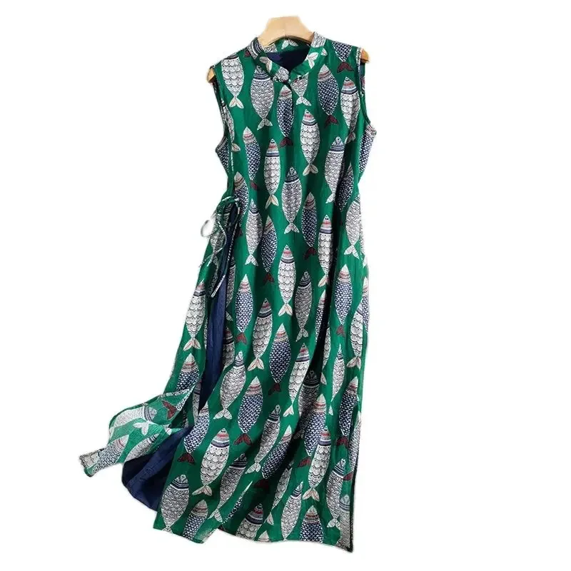 السمك منقوشة طباعة خمر القطن الكتان س الرقبة أكمام...