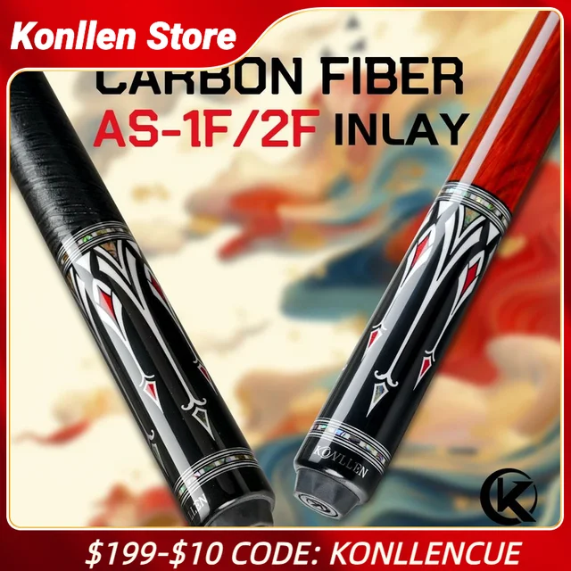 KONLLEN Billiard Cue AS Pool Cue 1/2 Stick Black Technology Carbon Fiber Shaft 3/8*8 Pin Abalone Handmade Inlay Professional 1