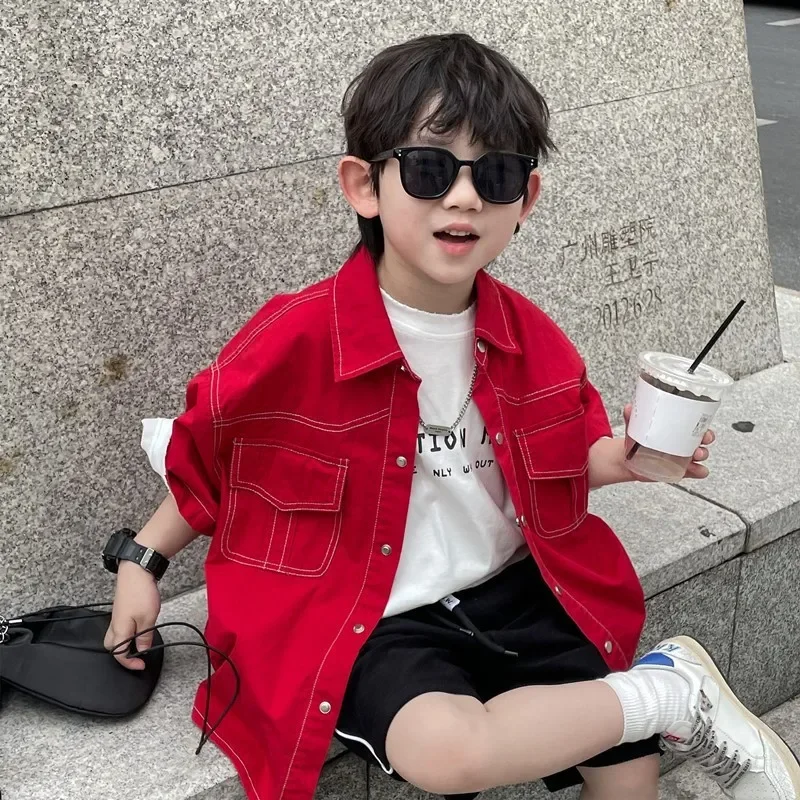 Loose Short Sleeve Children's Shirt for Boys Red Half Sleeve Spring New Year's Outfit Japanese Style Kids' Loose Shirt