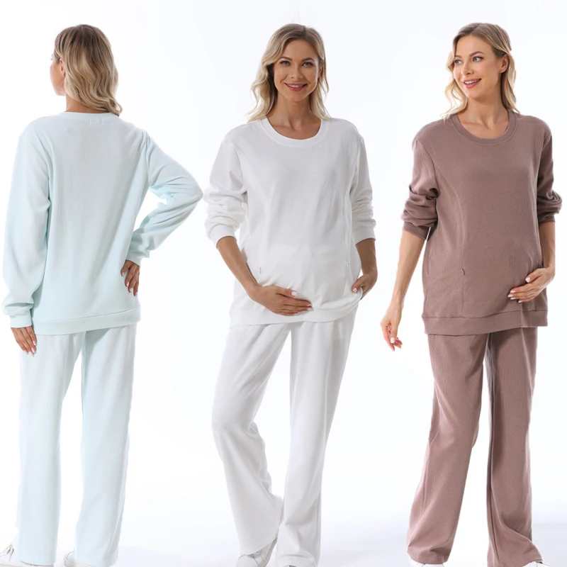 New Winter Maternity Lounge Wear Set Warm Cotton Waffle Breastfeeding Sweater And Long Trousers Pregnancy Casual Style
