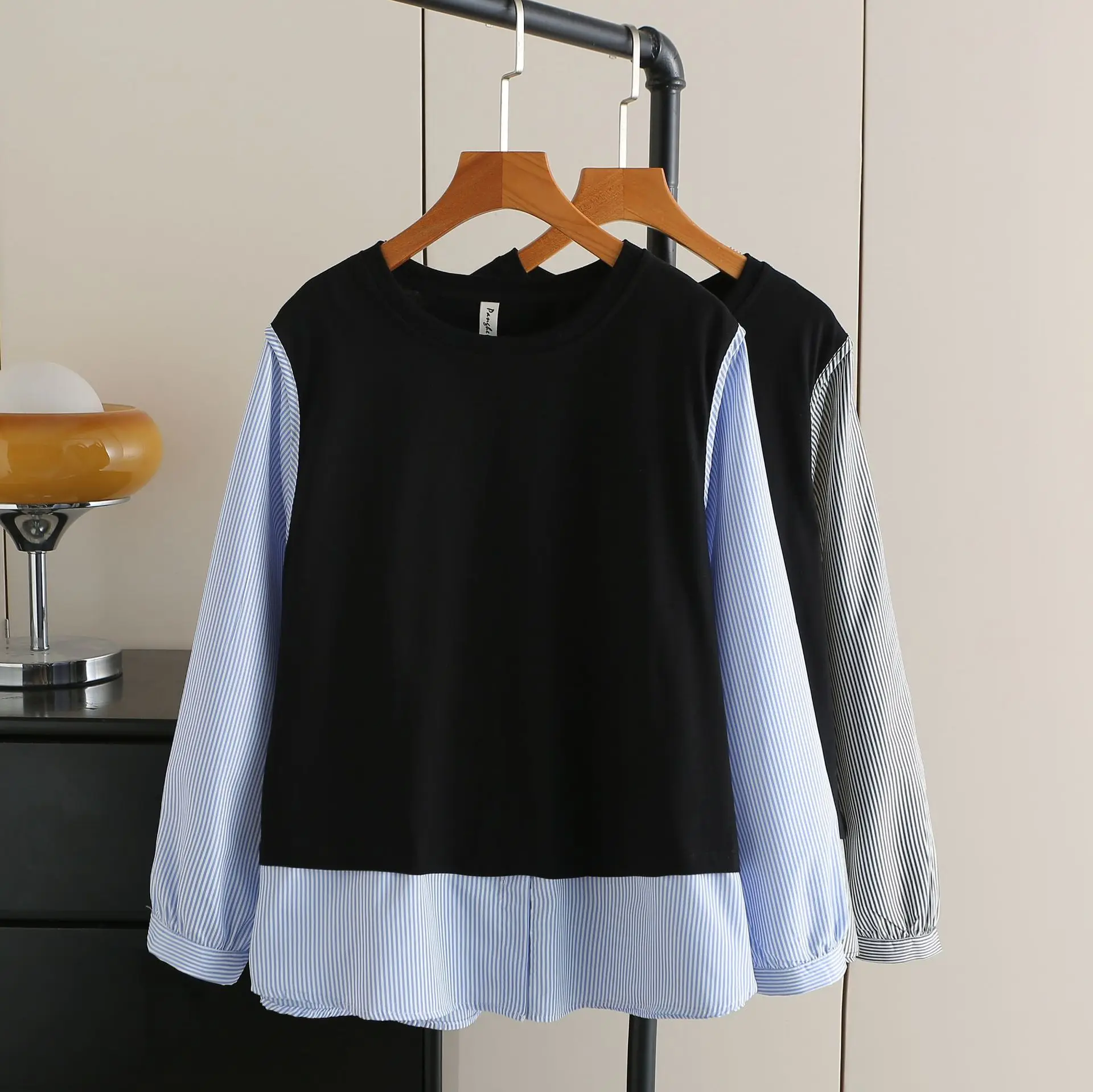 Fashion Plus Size Women's Blouses Autumn New Classic Fake Two Pieces Casual Striped Patchwork Shirt 8032