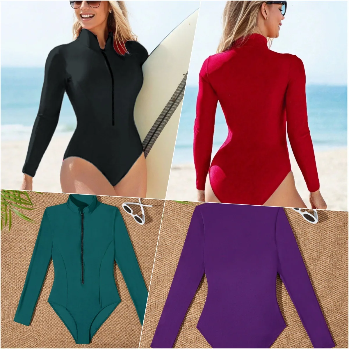 2025 New Pure Color High Ne Zipper Front Long Sve  Surf Suit Women's Triangular Swimsuit Fixed Chest Pad Polyester