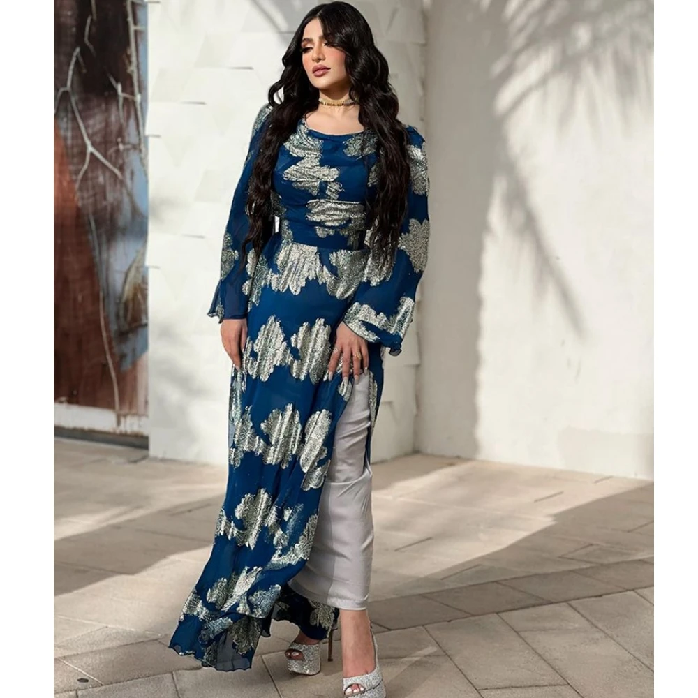 

Wepbel Bronze Printing Chiffon Ball Gown Dress Sexy Long Sleeve Dress Women O-neck High Waist Elegant Party Maxi Dress Vestidos