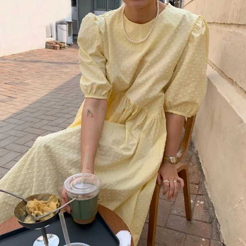 Women's Elegant Yellow Long Dress O-neck Puff-Sleeve Dots Ladies Loose Dress Casual Summer 2025 New 9941