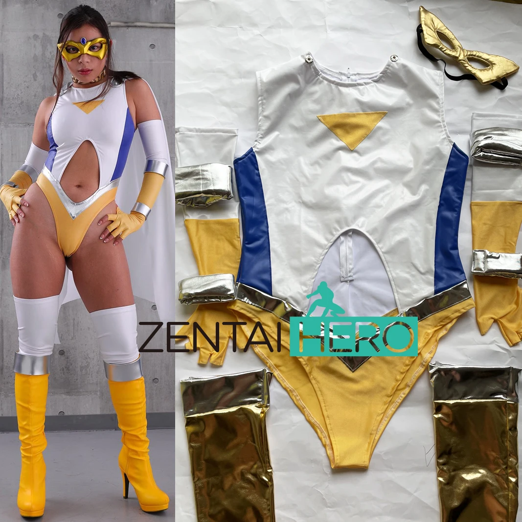 

New Hot Sexy Lady Hero Zentai Shiny Metallic Leotard White Shiny Sexy Woman Gigalady Bodysuit with Cape