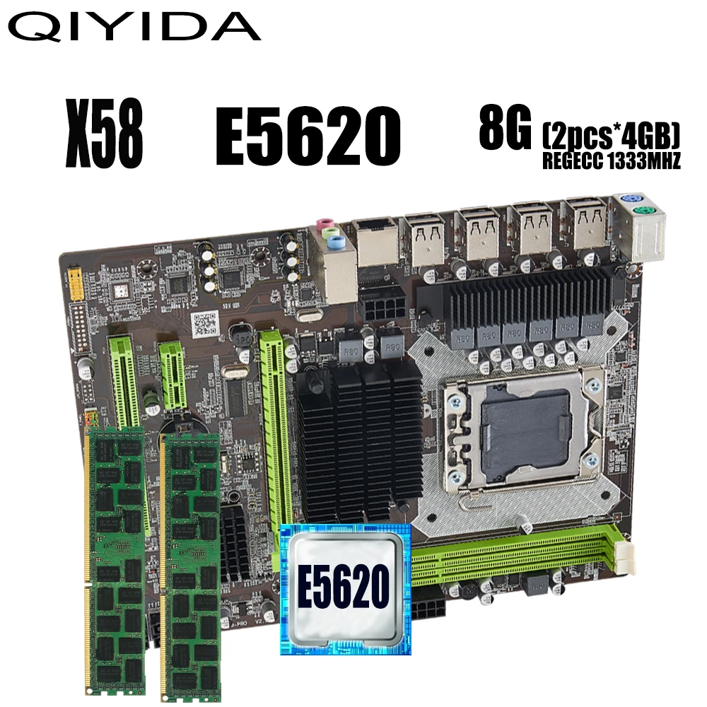 Qiyida-Conjunto de placa base X58 LGA1366 con procesador Intel xeon E5620 y memoria RAM de 8Gb(2 piezas x 4GB) ECC DDR3 1333mhz 10600R