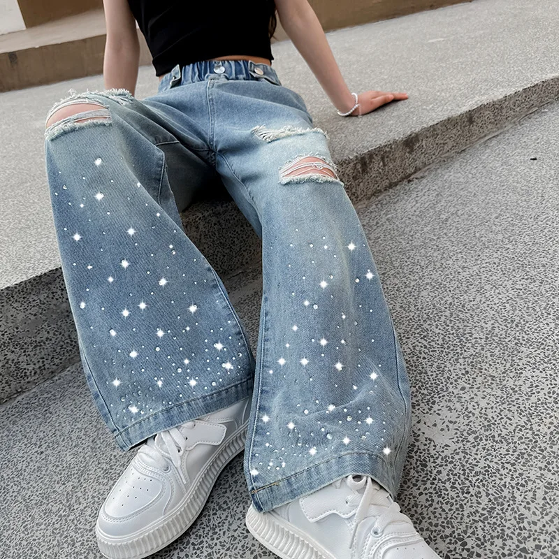 SEAUR Meisjes Jeans Ripped Baggy Wijde Pijpen Jeans Kinderen Rechte
