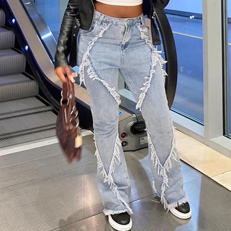 Frayed Edging Ripped Hole Streetwear Denim Jeans Zipper High Waist Clothes Loose Pants Retro Female Tassel Micro Flared Trousers new ripped flared jeans female side raw edge ripped washed denim pants casual trousers high waist retro streetwear