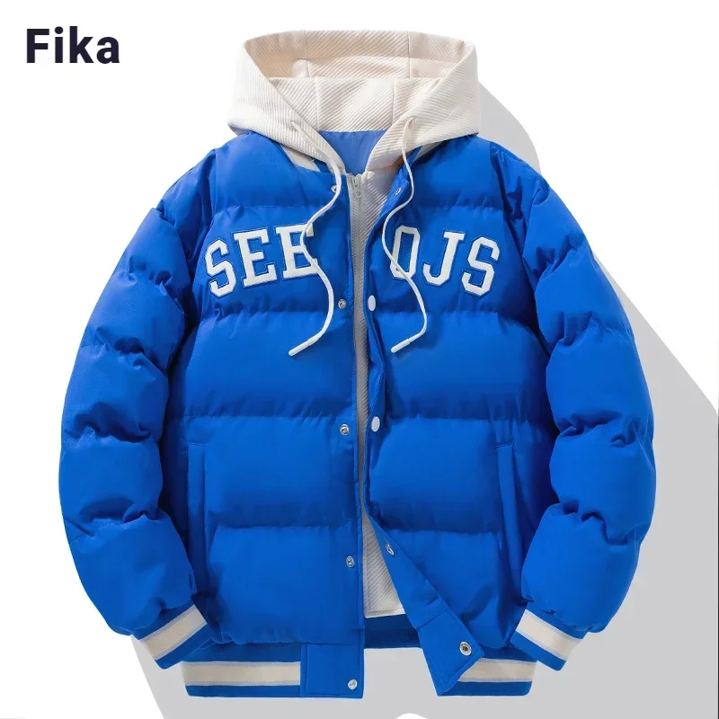 Fashion Trend Thickened Fake Two-piece Coat Letter Pattern Stitching Contrast Color Male Coat American Waterproof Hooded Parka