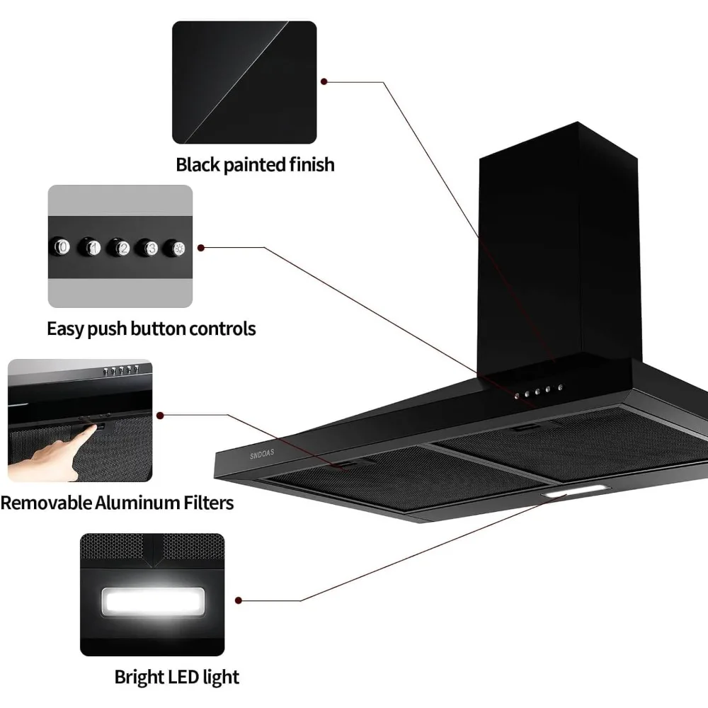 Black Range Hood 30 inch,Hood Vents for Kitchen with Ducted/Ductless Convertible,Vent Hoods 30 inch,Wall Mount Ductless