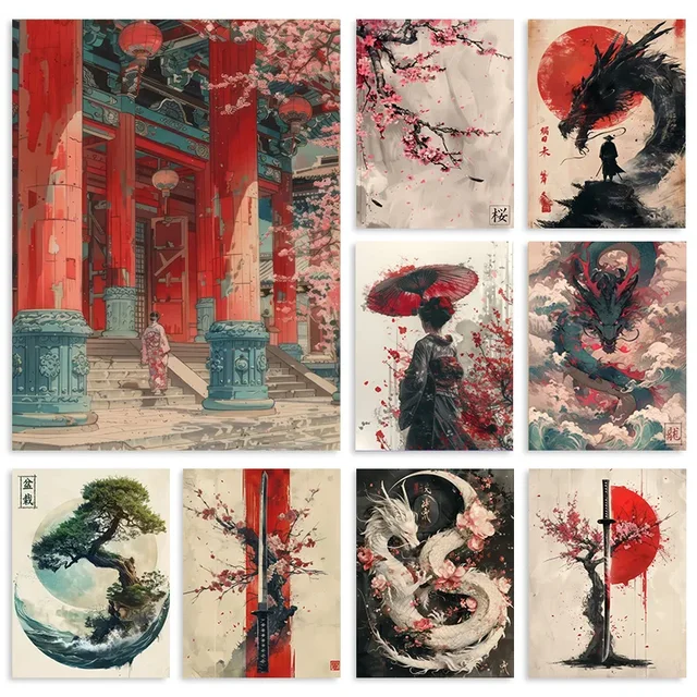 Peinture sur toile vintage pour chambre à coucher, samouraï japonais, bonsaï, nichoir, affiche d'art imprimée, galerie murale, art mural décoratif 2