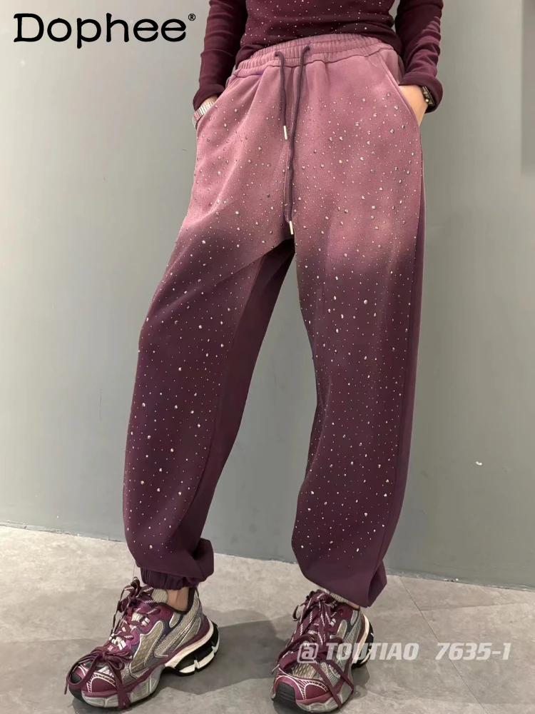 

2023 Autumn Winter New Heavy Embroidery Hot Drilling Casual Fleece Pants High Waist Slimming Harem Pants Sweatpants for Women