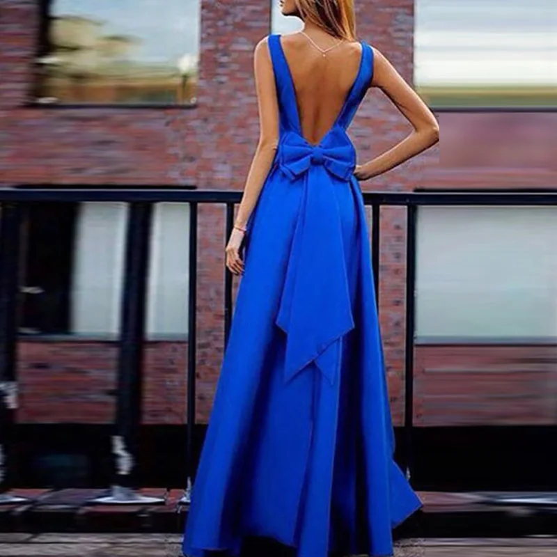 Sexy Deep V Neck Backless Bow Women Party Dress Elegant Sleeveless A-Line Femme Summer Ball Dress Fashion Princess Maxi Vestidos