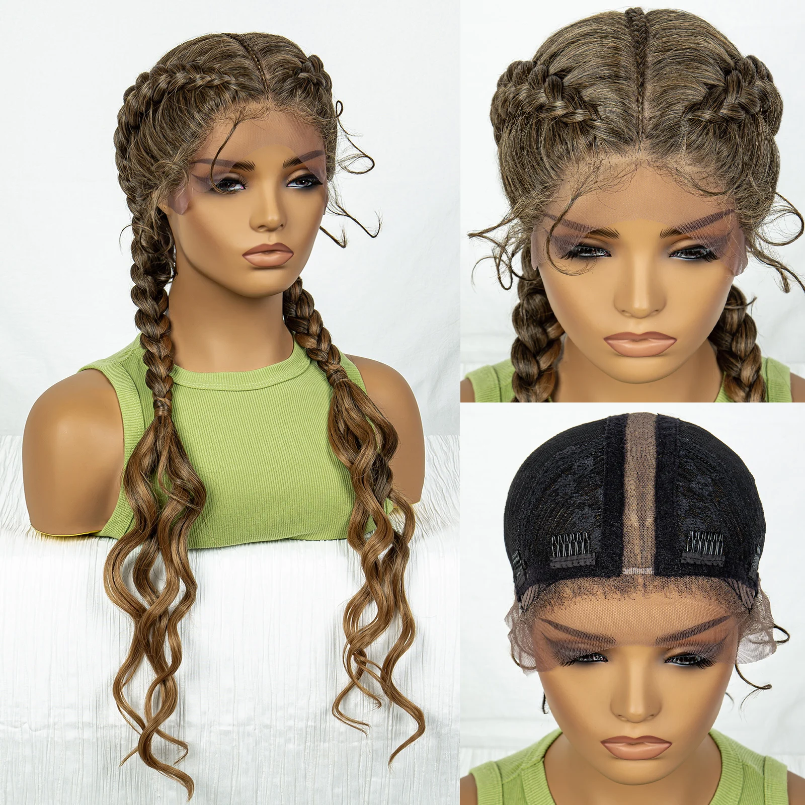 Synthetic Cornrow Braided Wigs with Curly Wave for Women Lace Frontal Afro Hair Braids Wig with Baby Hair for Girls 30 Inches