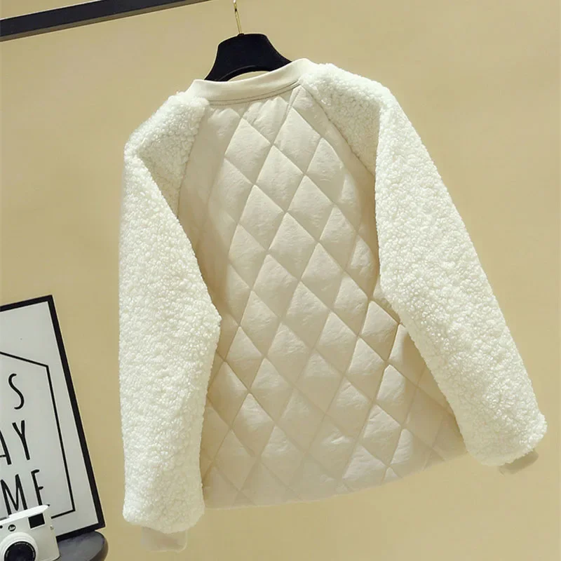 2024 Short Cotton Jacket Women Autumn Winter Lambswool Splice Parka Plus Size Loose Warm Outerwear Female Cotton Jackets Parkas
