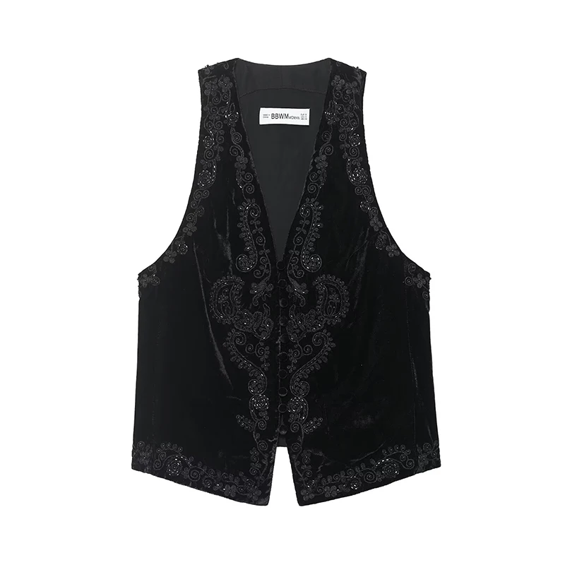 Chic Fashion Bead Embroidery Vest Woman Faux Suede Vests For Women V Neck Sleeveless Front Lace Up Waistcoat Vintage Crop Top