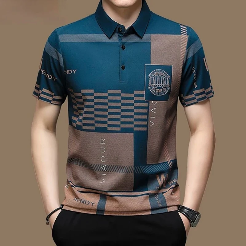 Polo Shirt Men's Summer Short Sleeves Pattern Print Button Loose
