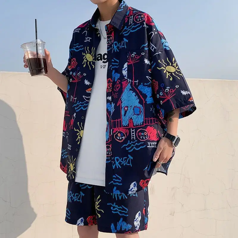 

Casual Beach Set Men's Summer Thin Loose and Handsome Beach Clothes Hawaiian Shorts Flower Shirt 2PK t shirt oversized t shirt