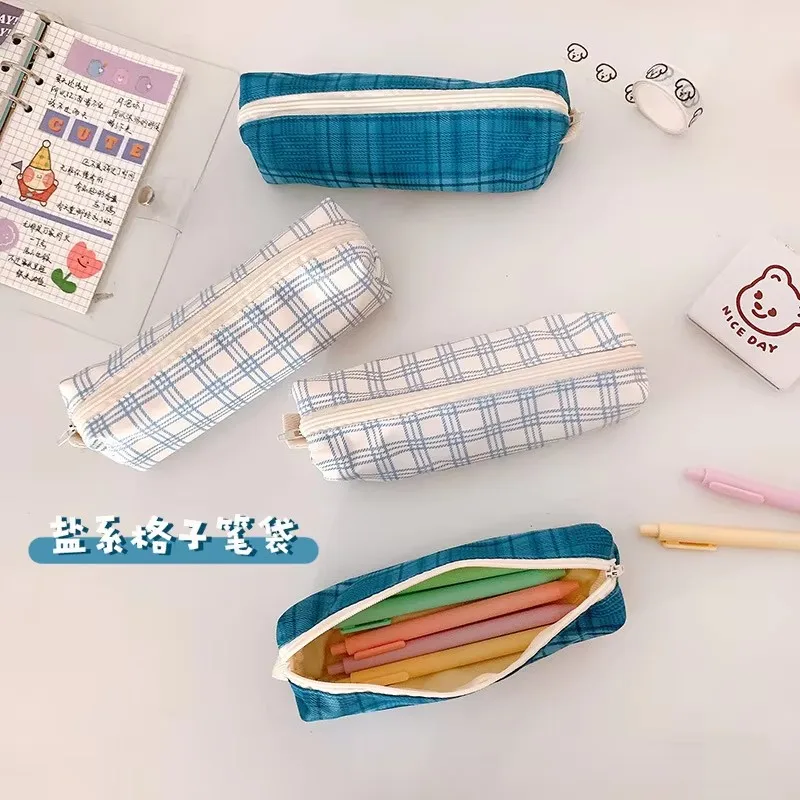 1PCS 학생 캔버스 연필 케이스 간단한 그리드 패턴 대용량 지퍼 학생 문구 보관 문구 상자