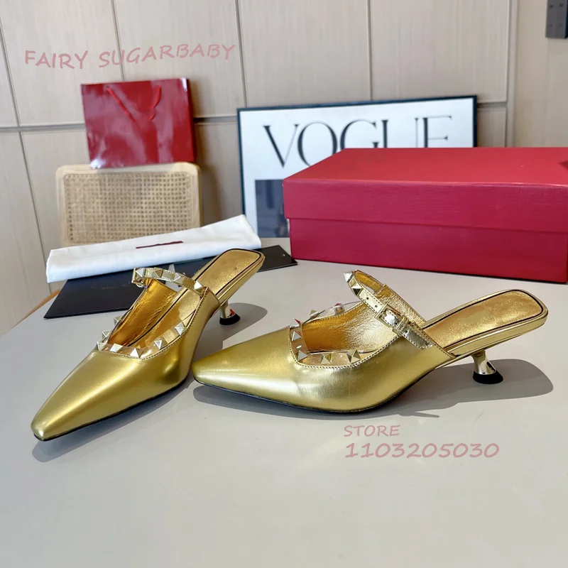 

Gold Glossy Leather Slippers Studded Belt Bordered Women Sexy White Slingback Rose Red 5Cm Stiletto Sandals Spring Black Heels