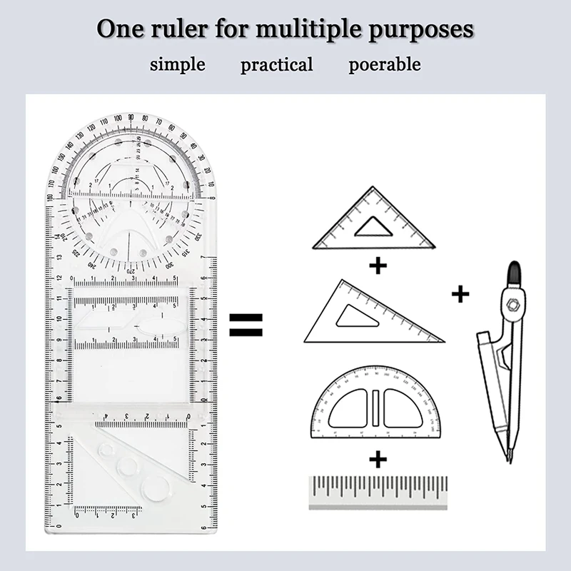 Regla geométrica multifuncional, herramientas de dibujo, juego de reglas de plástico, reglas de dibujo circulares de medición de matemáticas, 4 piezas