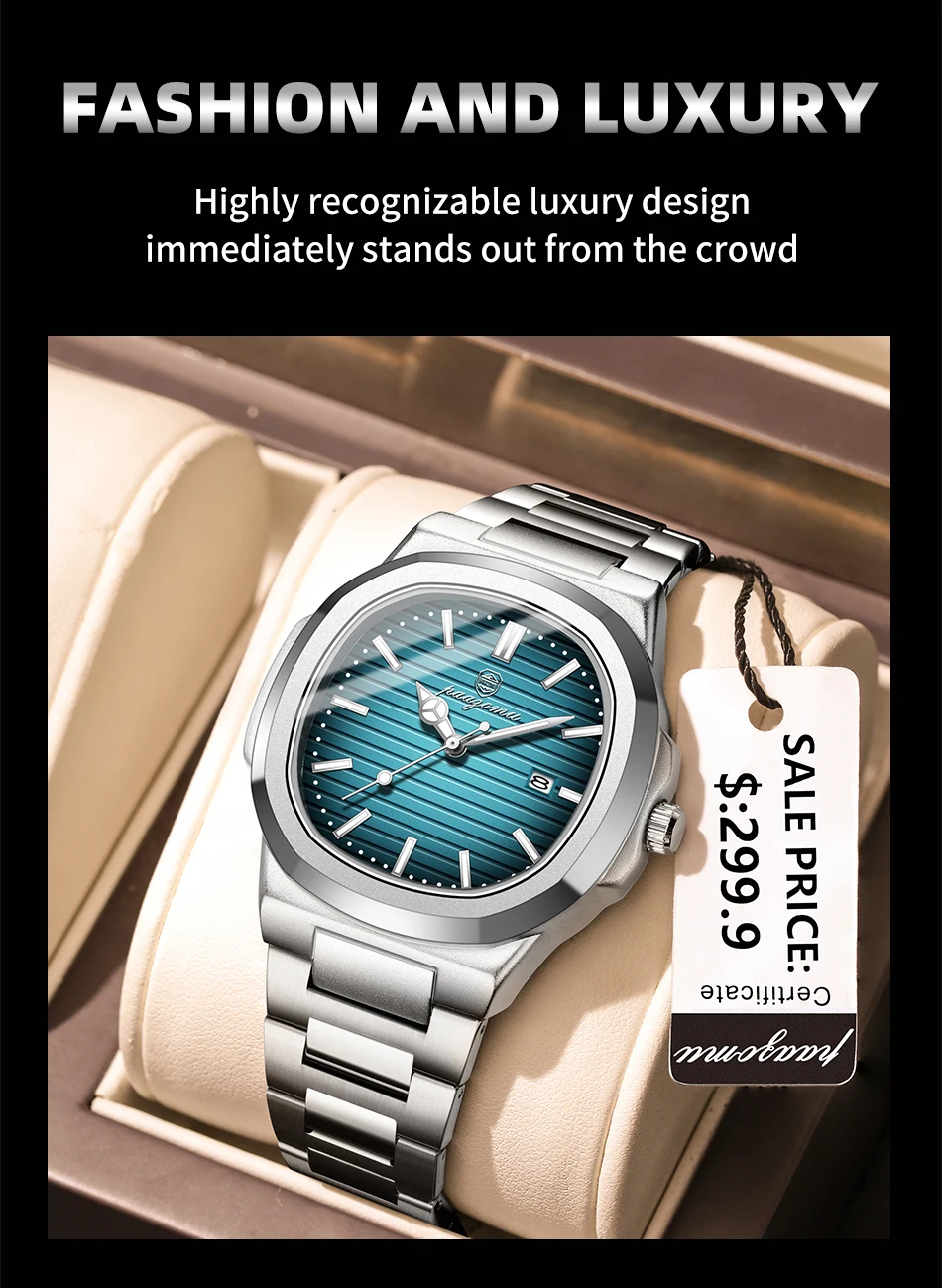 PAAZOMU Luxury Watch Business 50 ATM Waterproof Male Clock Luminous Date Stainless Steel Square Quartz Men Watches reloj hombre