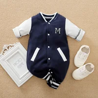 Baby Long Sleeved Jumpsuit Spring And Autumn Boys And Girls Baseball Suit Letter Embroidered Cotton Soft 0-18m One Piece Set 1