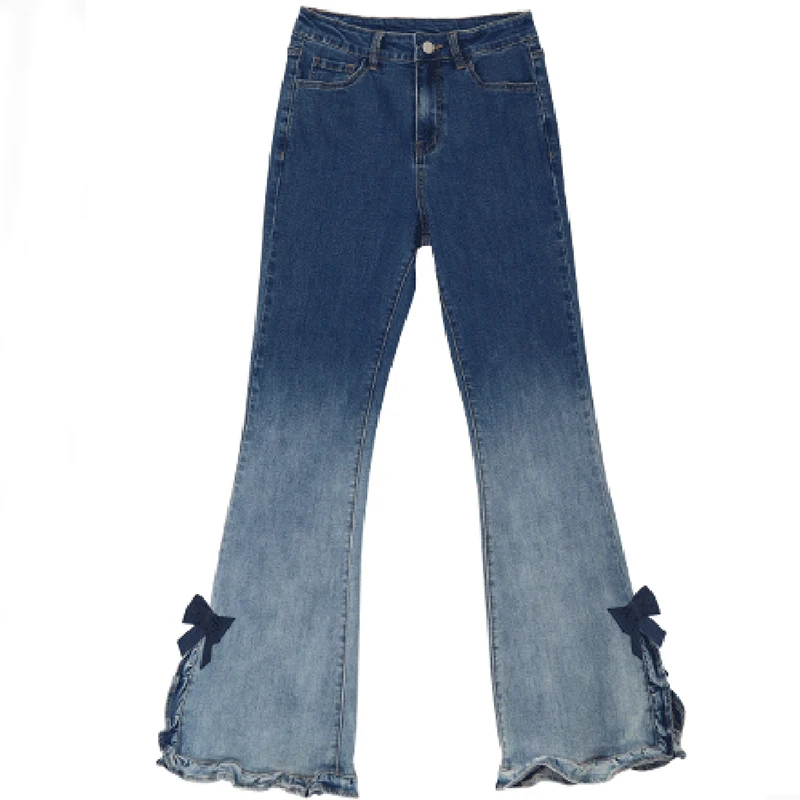 

Vintage Street Women Bow Denim Pants Summer New Slit Flare Leg Jeans Ladies Gradient American High Waist Female Trousers
