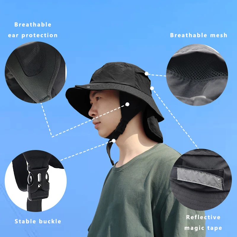 Summer Beach Surf Cap for Women Men Removable Bucket Hat with Shawl Buckle  Windproof Rope Outdoor Riding Hiking Fishing Sun Hat