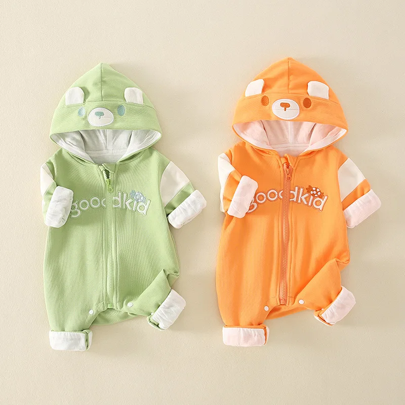 

2023 Spring Autumn Baby Boys Jumpsuit Cotton Long Sleeve Cartoon Bear Newborn Boys Onesies Hooded Zipper Infant Boys Outfits