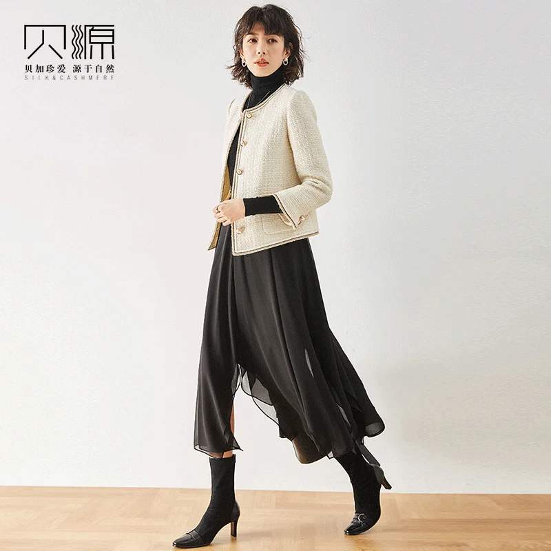 Coat Short Women's Fashionable Pure White High-End Spring and Autumn New Outer Wear Wool Warm Single-Breasted Stitching Blend1Pc