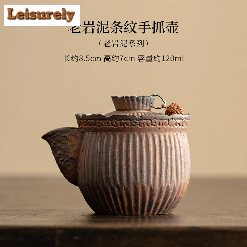 120ml Retro Old Rock Mud Teapot Japanese Coarse Pottery Striped Hand-held Pot Tea Making Kettle Tableware Accessories Ornaments