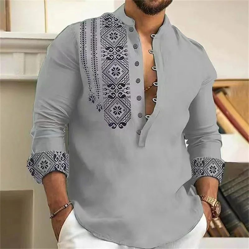 Fashionable 7 Button Men's Long Sleeve Shirt Button Down Shirt Loose Henley V Neck Beach Top T-Shirt High Quality Material