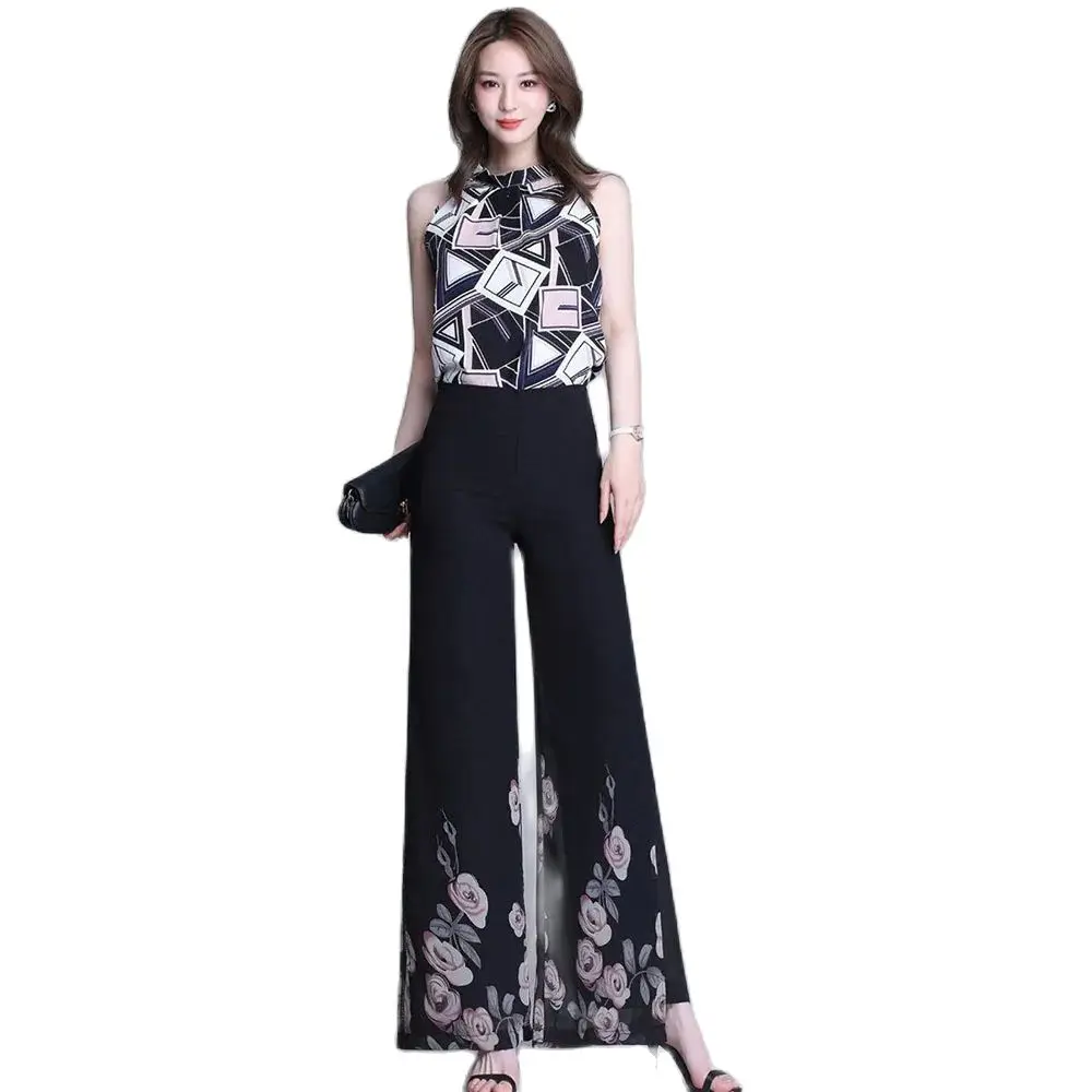 

Double Layer Printed Chiffon Wide Leg Pants For Women's Summer New High Waisted Loose Leg Drape, Slimming Skirt Pants For Women.