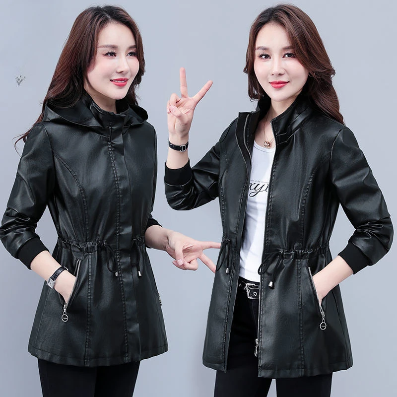 2023 Autumn New Women Leather Coat Mid-Length Large Size Loose Casual PU Trench Coat Female Fashion Detachable Hooded Jacket