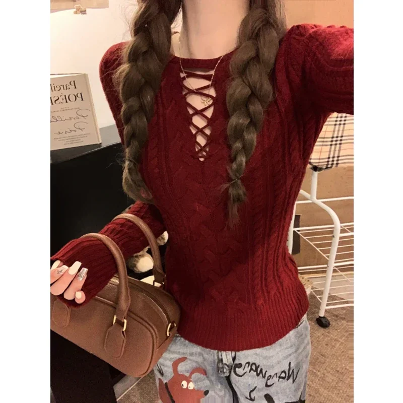 Autumn Sexy Hollow Out Long Sleeved Sweater Korean Style Elegant Knitwear Winter Slim Fit Solid Color Knitted Tops 2025
