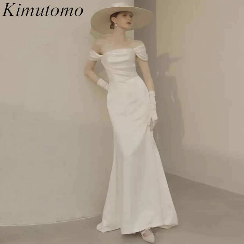 

Kimutomo Boat Neck Satin Wedding Dress for Women Simple Design Fishtail Hip Dresses French Style Vintage Elegant Vestidos