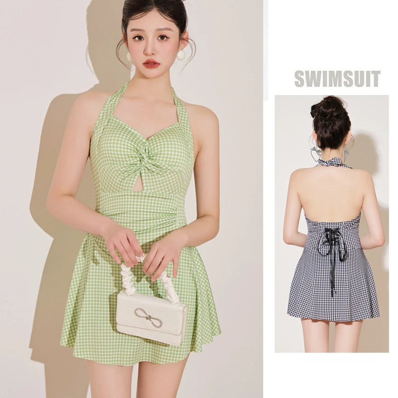 

Swimsuit Women Bikini Monokini One Pieces Set Korean Style Kawaii Dress Push Up Swim Skirt Plaid Swimsuit Beachwear 2023 Summer