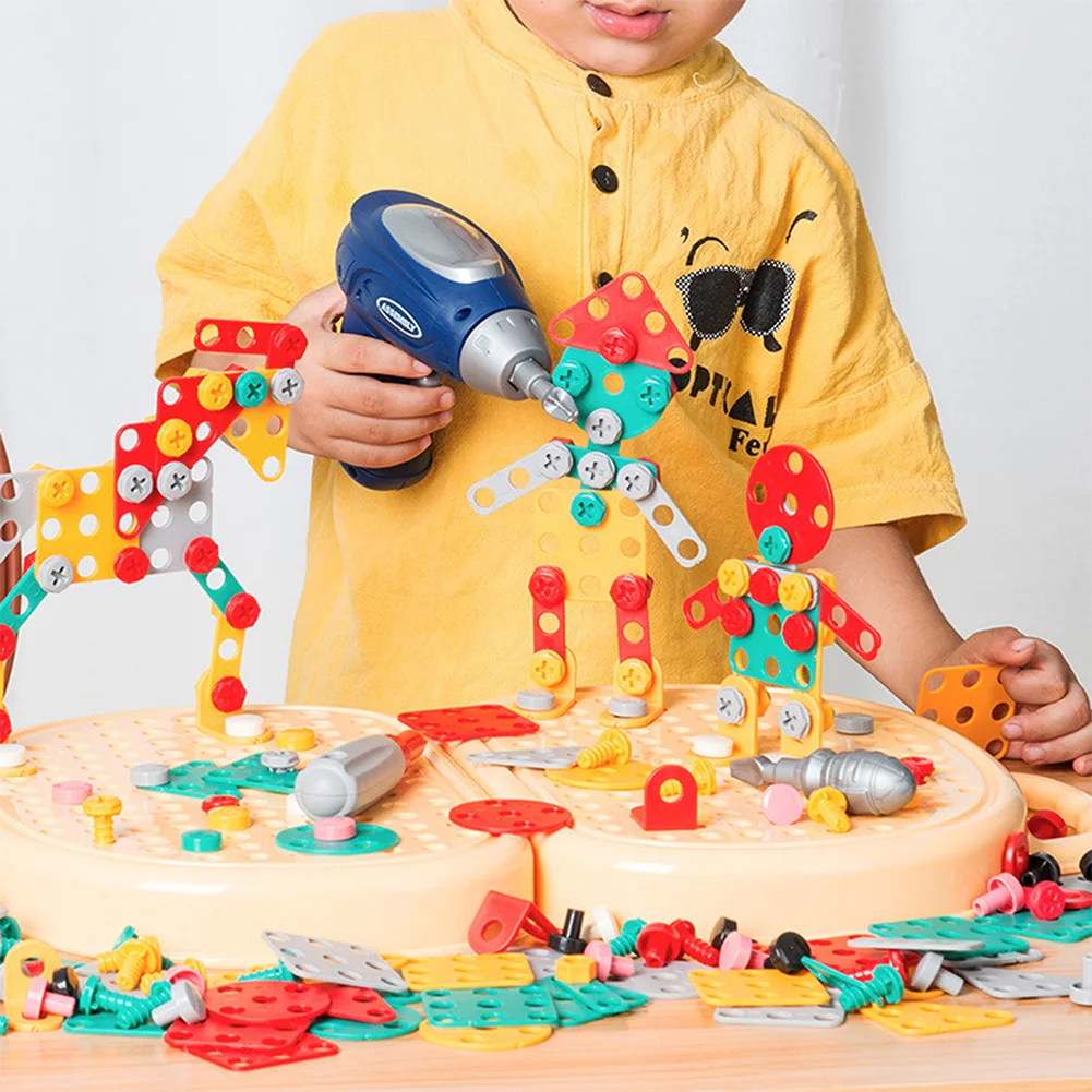 203 Pieces Children's Repair Toolbox Creative Mosaic Puzzle Toy With Electric Drill Screw Tool Set Kids DIY Learning Toys