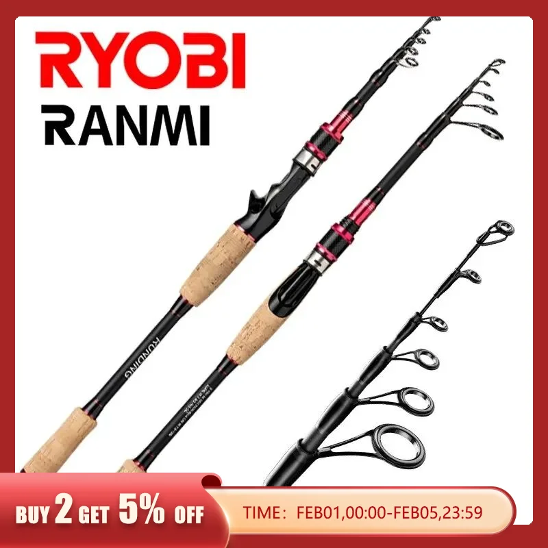 RYOBI RANMI 6 섹션 망원경 탄소 섬유 루어로드 1.98m 2.1m 2.4m 2.7m 빠른 빛 낚시 극 미끼 낚싯대 