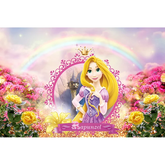 Fondo de dibujos animados de Disney para fotografía de niñas, telón de  fondo colorido de Rapunzel con flores, decoración de fiesta de cumpleaños -  AliExpress