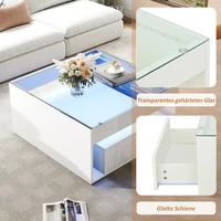 Table basse multifonctionnelle brillante 70x70x35cm avec 2 tiroirs, verre trempé LED, design moderne et innovant, table d'appoint pour canapé 5