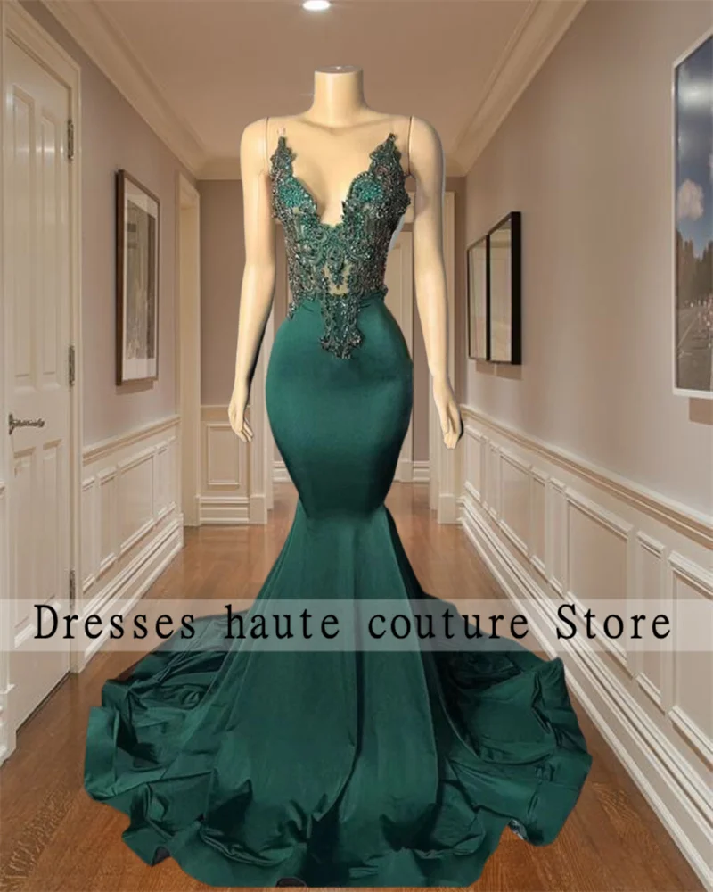 

Sparkly Dark Green Mermaid Prom Dresses 2024 For Black Girls Lace Appliques Beads Birthday Party Gown Evening Dresses