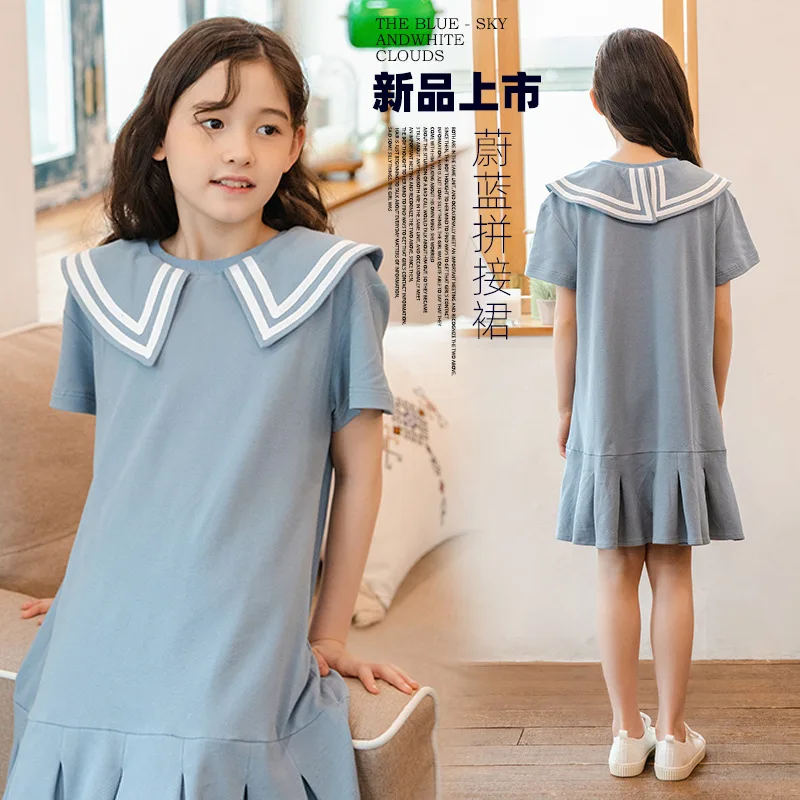 

Girls' Sports Dress 2023 New Navy Style Kids Dress Summer Loose Blue Kids' Dress Summer Academy Style Splice For Children
