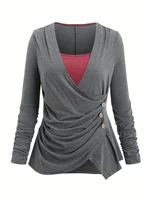 Casual retro button decorative ruffle asymmetric spring and autumn long sleeve blouse plus size women's dress